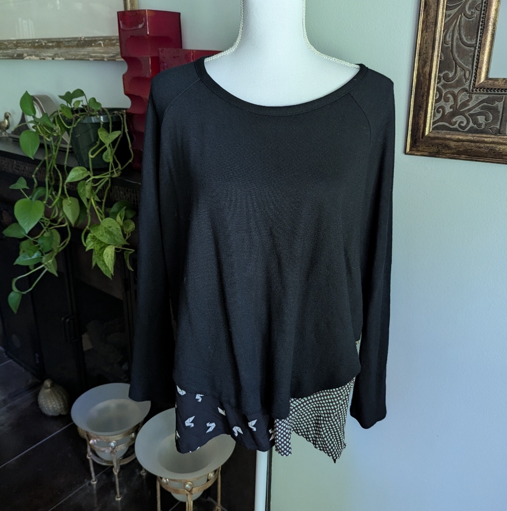 Alembika Womens 3 (10-12) Black Mix Hem Print ArtToWear Top Polkadot Origami 85